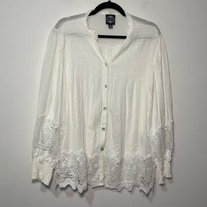 Le Marais Paris Women’s White Button Front Lace Trim Blouse Top boho size M